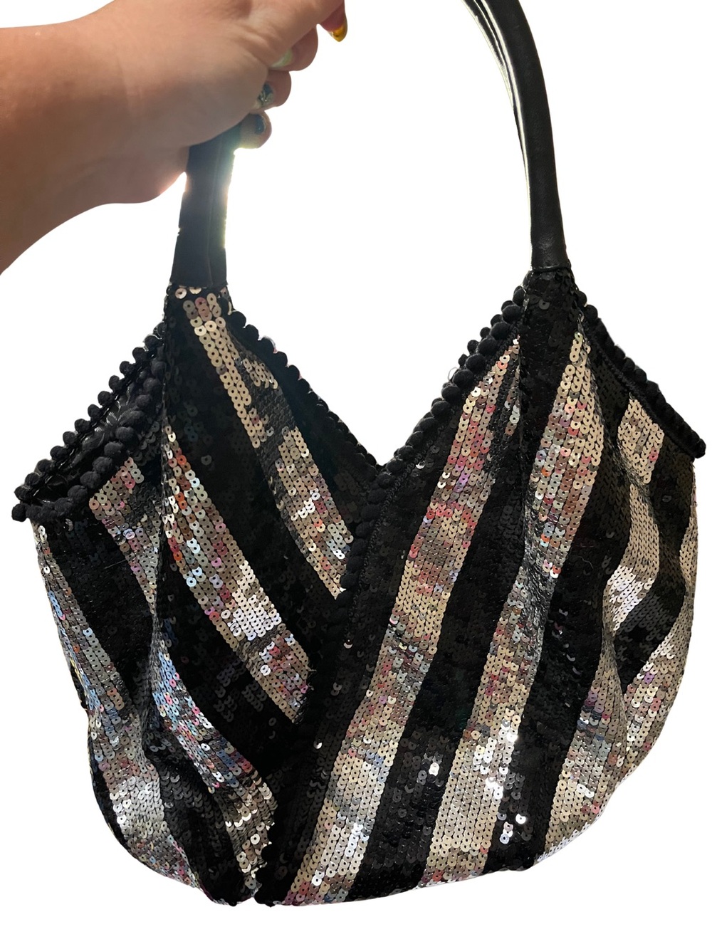 Vintage Ipa Nima Black and Silver Striped Sequin Tote Bag